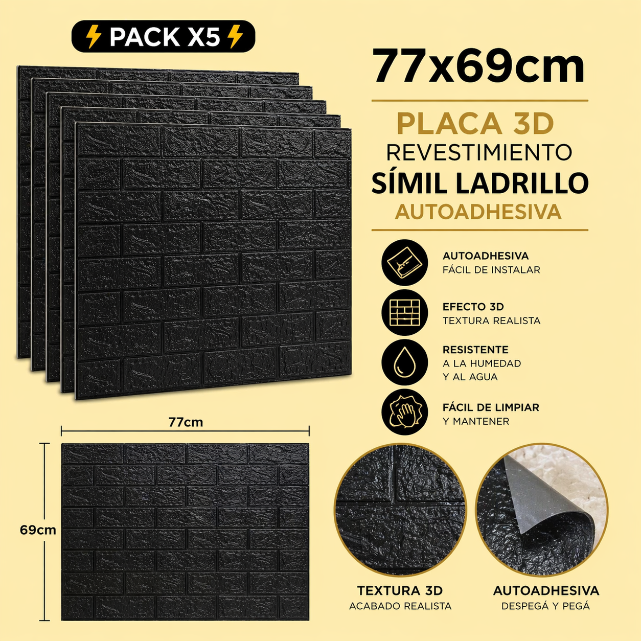 Placa Autoadhesiva Negra 3D 77x69cm